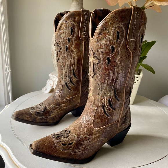 Laredo Leather Cross Wing Brantley Snip Toe Cowgirl Western Boot Womens 8 Tan - Picture 3 of 13
